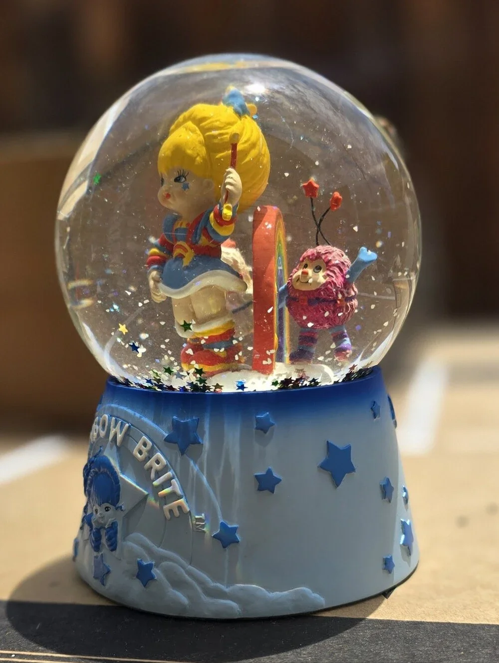 Vintage RARE Rainbow Bright Blue Snow Globe with Colorful Figurines